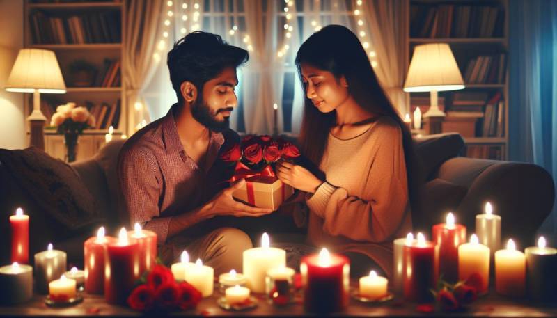 A couple exchanging gifts on Valentine's Day, surrounded by romantic decor